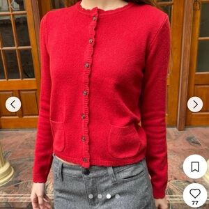 Brandy Melville Zoe Red Button Up Cotton Scalloped Trim Pockets Cardigan